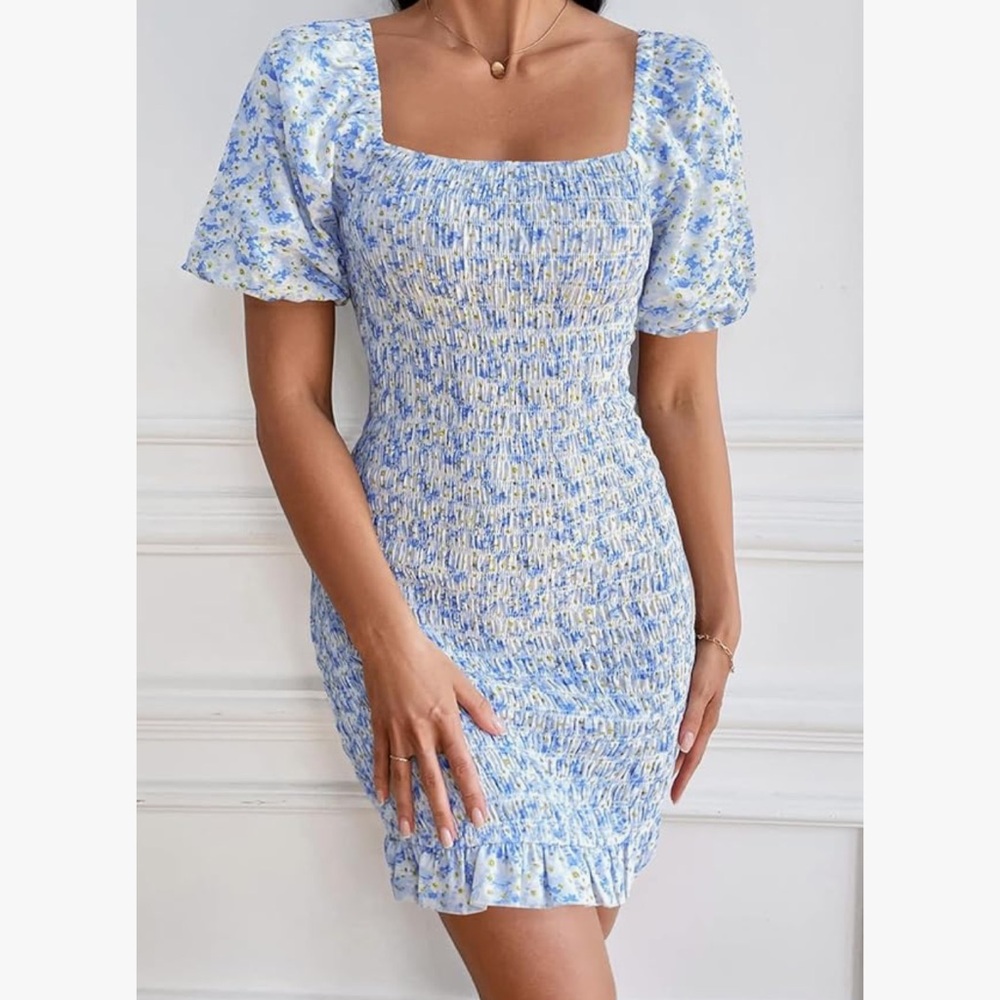 Blue Floral Print Smocked Dress